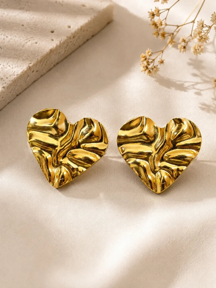 Aurelia Textured Heart Gold Stud Earrings for Women