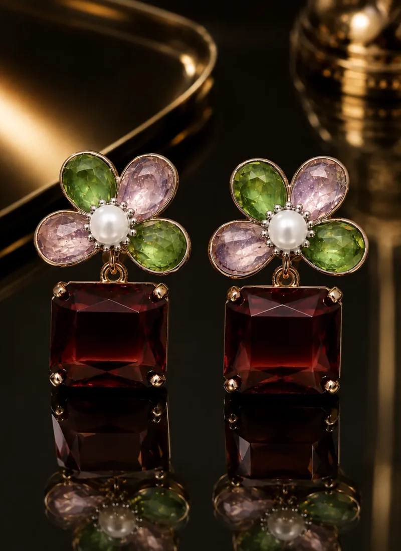 Brown Stone Flower Earring with Crystal Floral Design