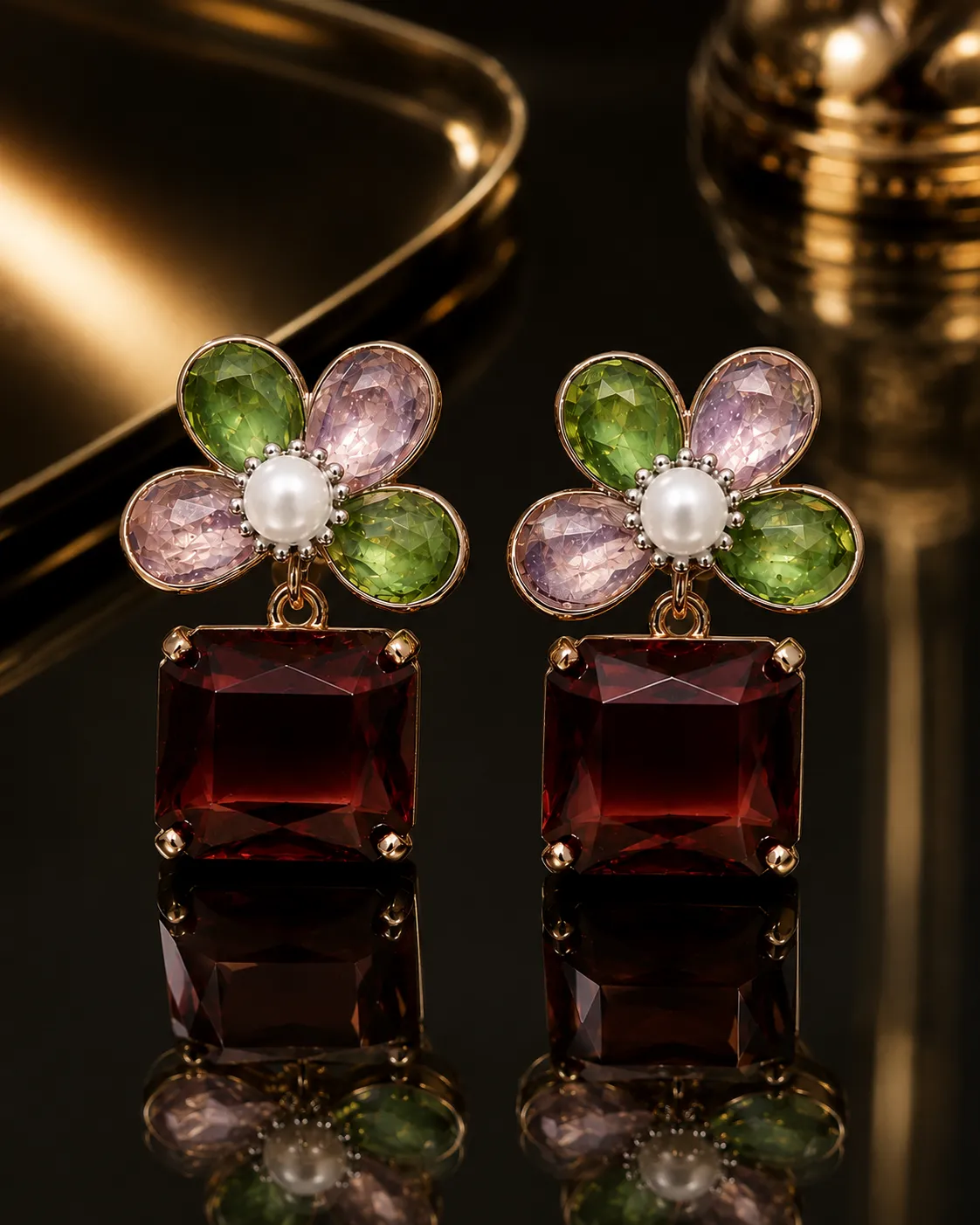 Brown Stone Flower Earring with Crystal Floral Design