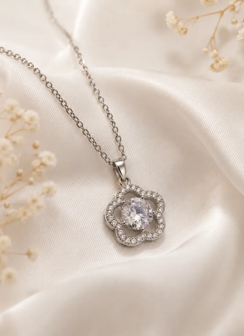 Silver Stone Flower Pendant Necklace featuring a sparkling crystal flower pendant in a premium silver finish