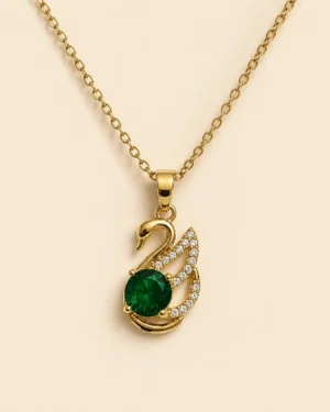 18K Gold Tone Finish Green Zircon Swan Pendant Necklace - Image 3