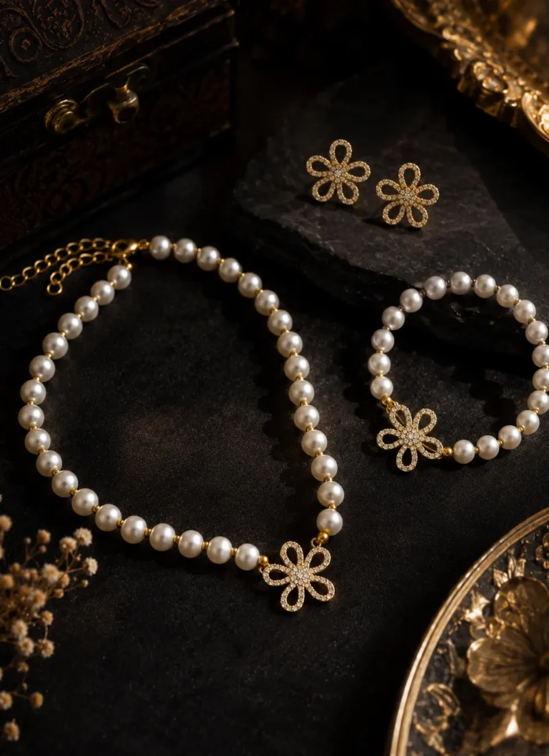 Flora Pearl Jewellery Set featuring pearl necklace, pearl bracelet, and crystal floral earrings in gold finish