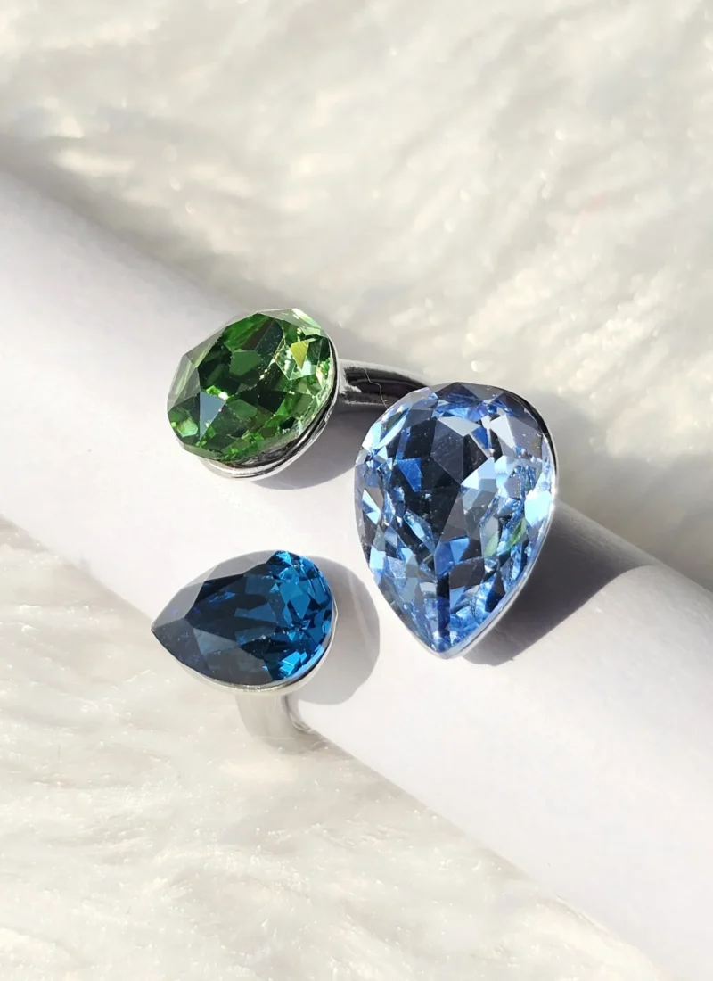 Blue and green crystal adjustable statement ring