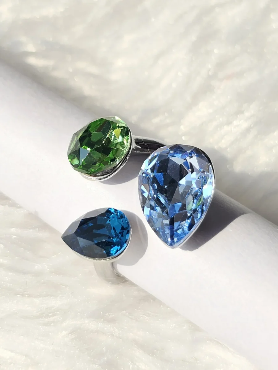 Blue and green crystal adjustable statement ring