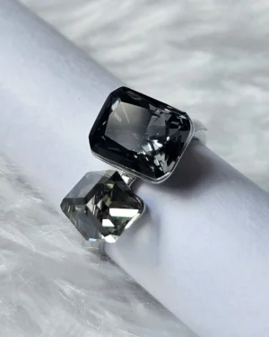 Midnight Duo Crystal Statement Ring with faceted stones in silver-tone setting