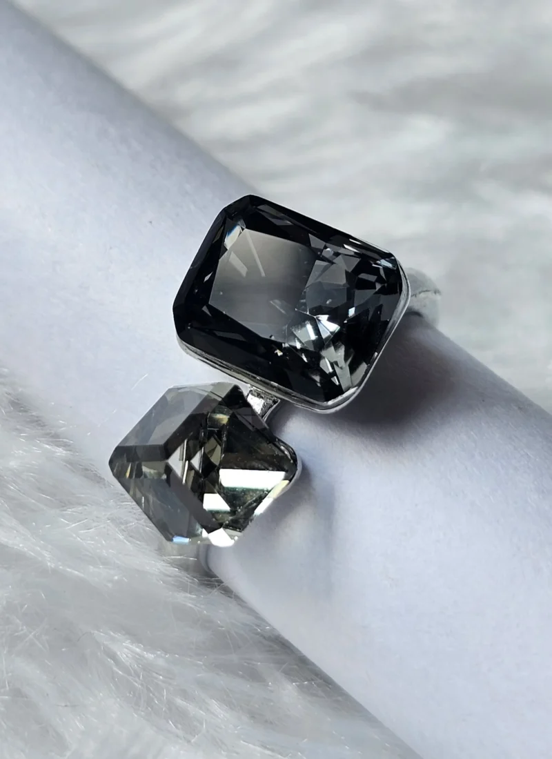 Midnight Duo Crystal Statement Ring with faceted stones in silver-tone setting