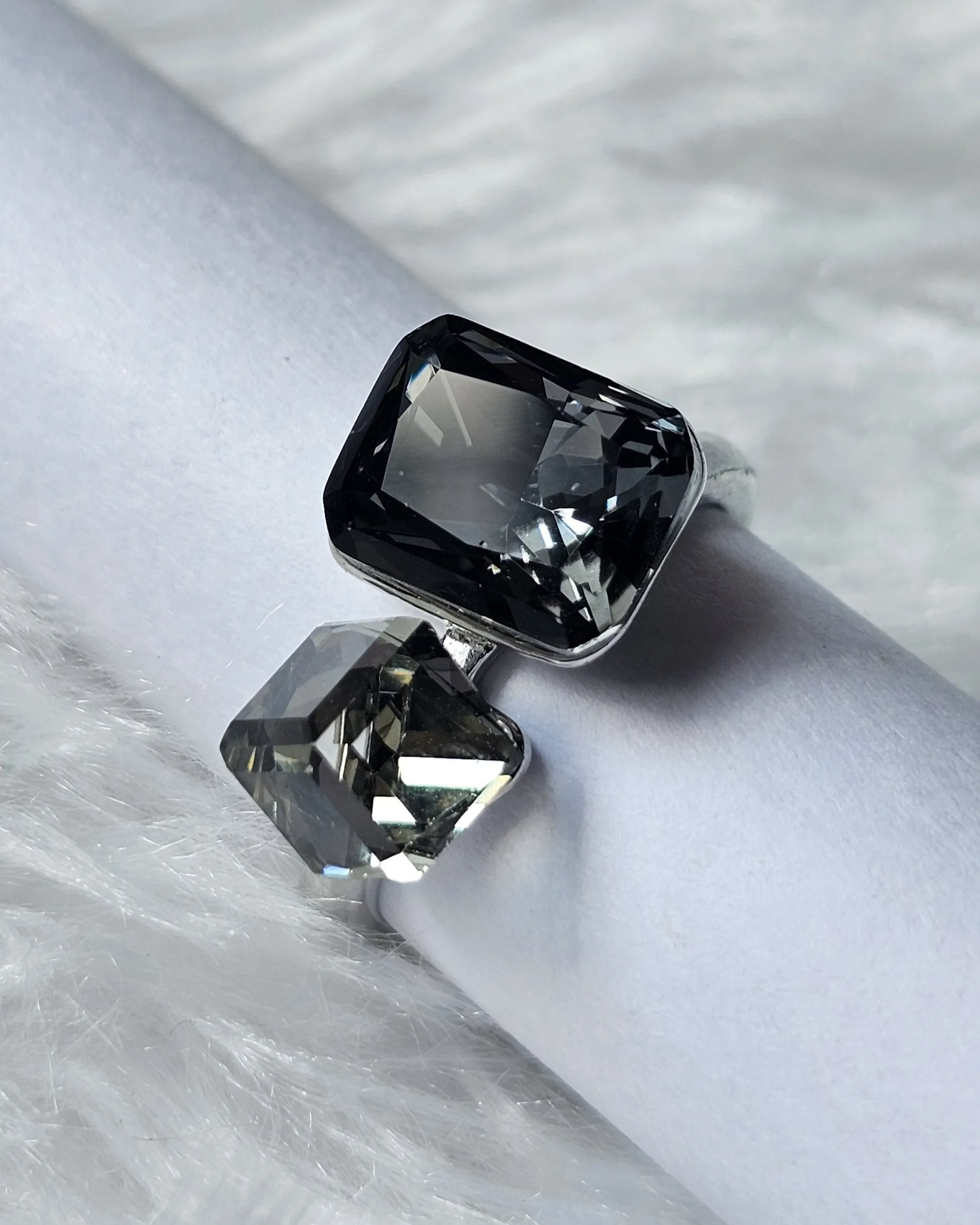 Midnight Duo Crystal Statement Ring Midnight Duo Crystal Statement Ring with faceted stones in silver-tone setting