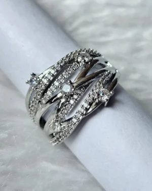 Silver crystal multi-band statement ring