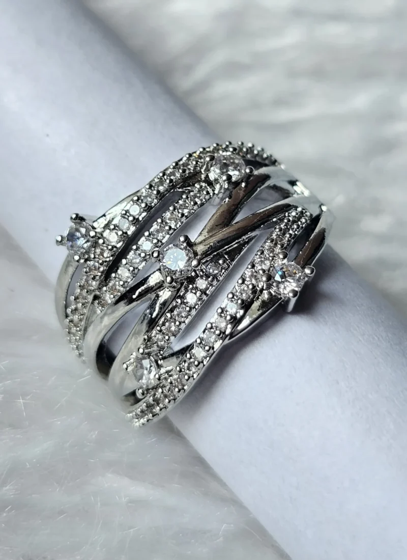 Silver crystal multi-band statement ring