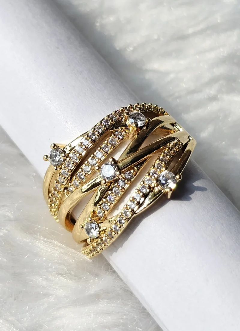 Golden multi-band crystal statement ring for women