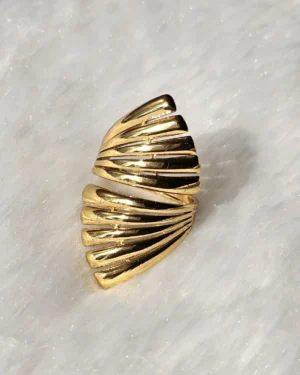 Golden Ribbed Open Cuff Statement Ring - Image 2
