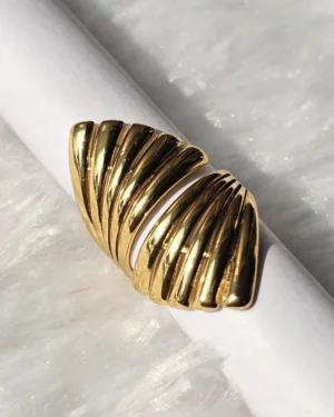 Golden ribbed open cuff statement ring for women