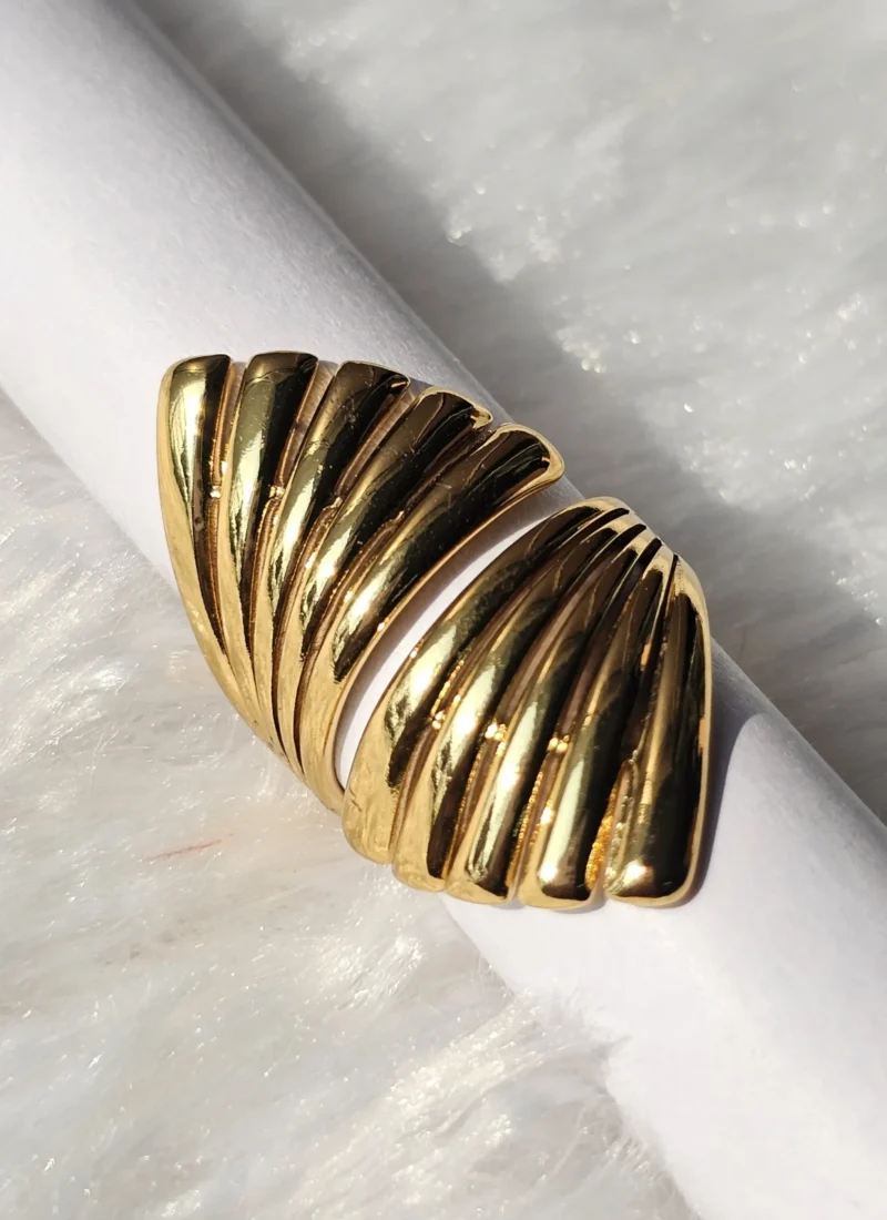 Golden ribbed open cuff statement ring for women