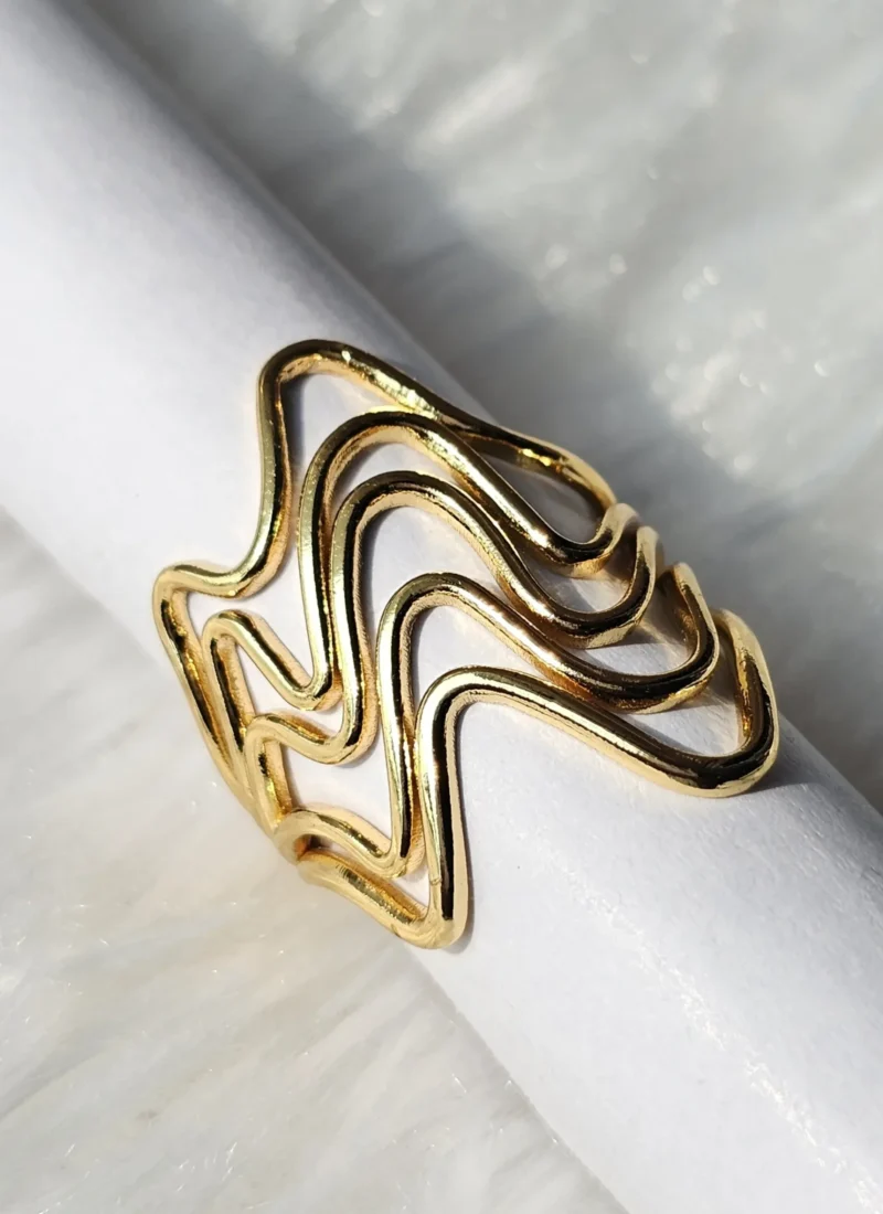 Golden wave open cuff statement ring for women