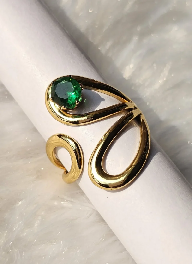 Gold tone green stone sculptural open statement ring