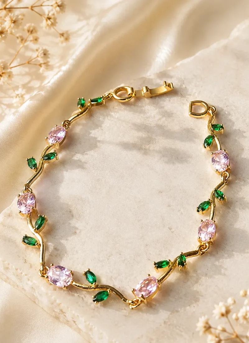 Elysian Pink & Green Crystal Vine Bracelet worn by woman