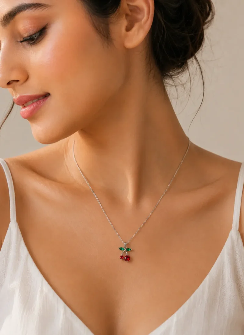 Woman wearing silver cherry pendant necklace with red and green accents